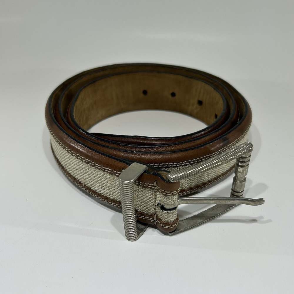 Mezlan Mens Belt 40 Ivory Canvas Brown Leather Trim Silver Buckle Spain 6856